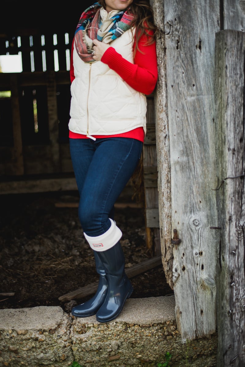 J.Crew Vests paired with Hunter Boots. One of my FAVORITE outfits in the winter! fantabulosity.com