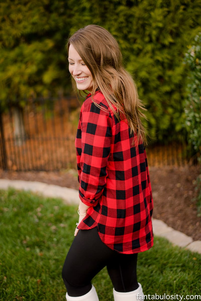 These are the BEST leggings ever. They aren't too light around the waist (aka less love-handles), and are fleece lined but not thick. HEAVEN!! Love this red buffalo plaid shirt too! fantabulosity