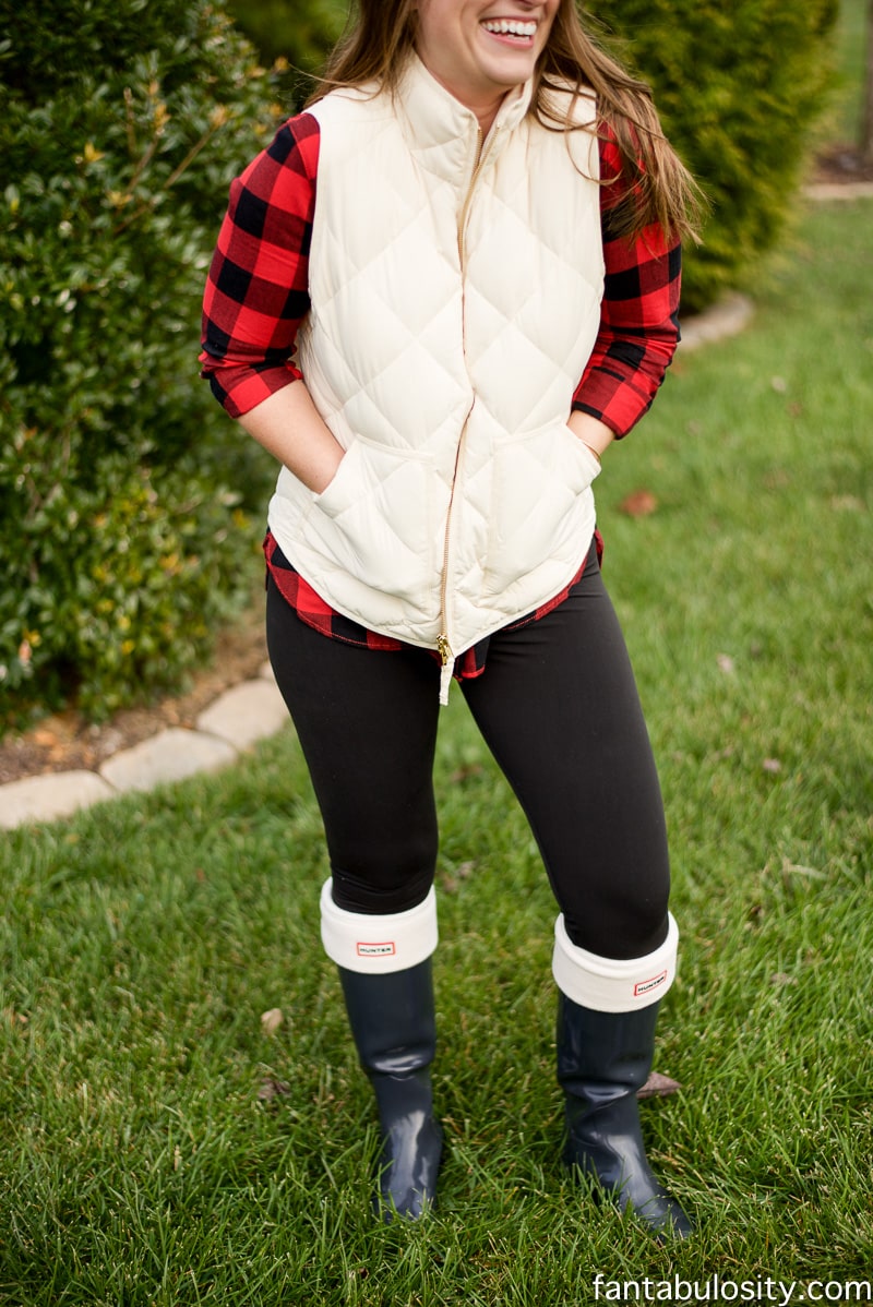 These are the BEST leggings ever. They aren't too tight around the waist (aka less love-handles), and are fleece lined but not thick. HEAVEN!! Love this red buffalo plaid shirt too! fantabulosity