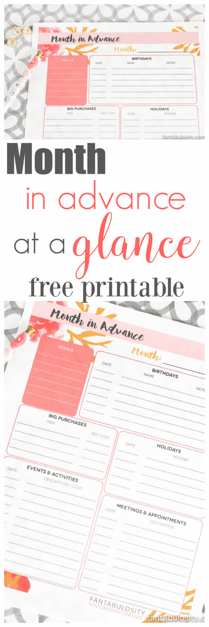 FREE Printable Month in advance, at a glance. It's great to see all of this on one sheet each month