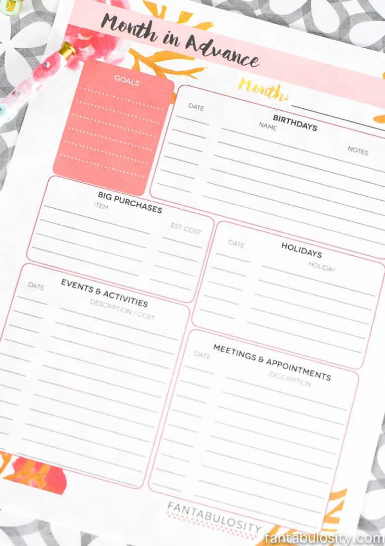 Month in Advance, at a Glance — Free Printable - Fantabulosity