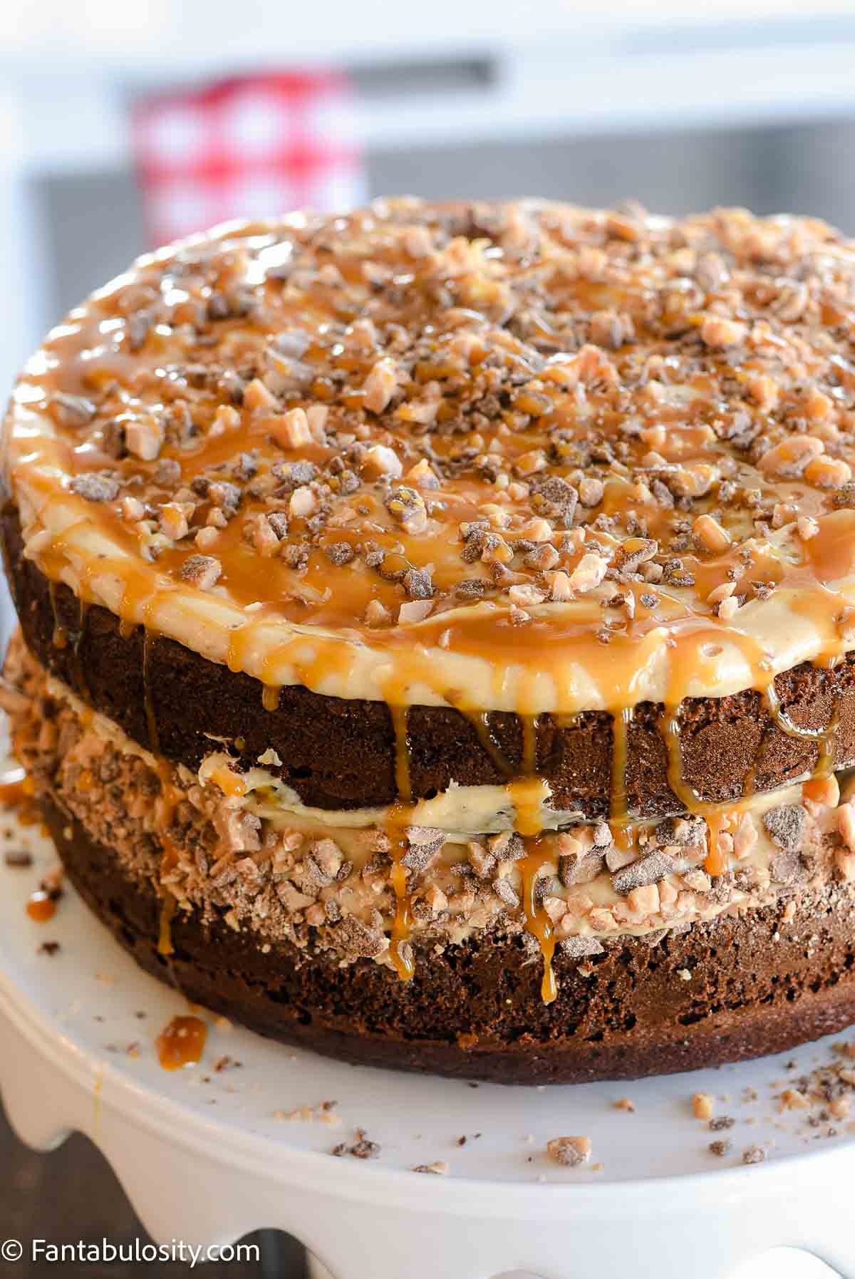 Round, layered chocolate cake with peanut butter icing, with toffee bits and salted caramel drizzle.