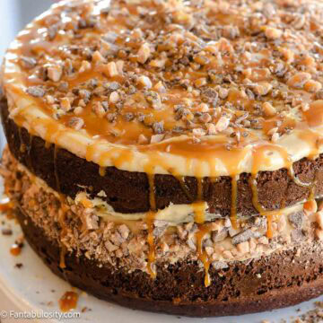 Chocolate peanut butter cake, a round, layered cake with toffee bits and salted caramel drizzled on top.