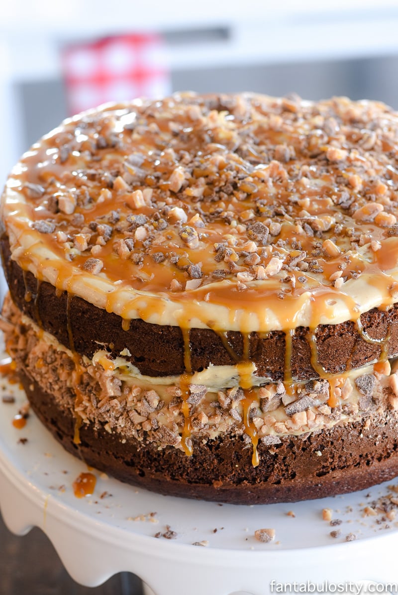 O-M-G!! This sounds crazy-good! Chocolate Peanut Butter Toffee Salted Caramel Cake