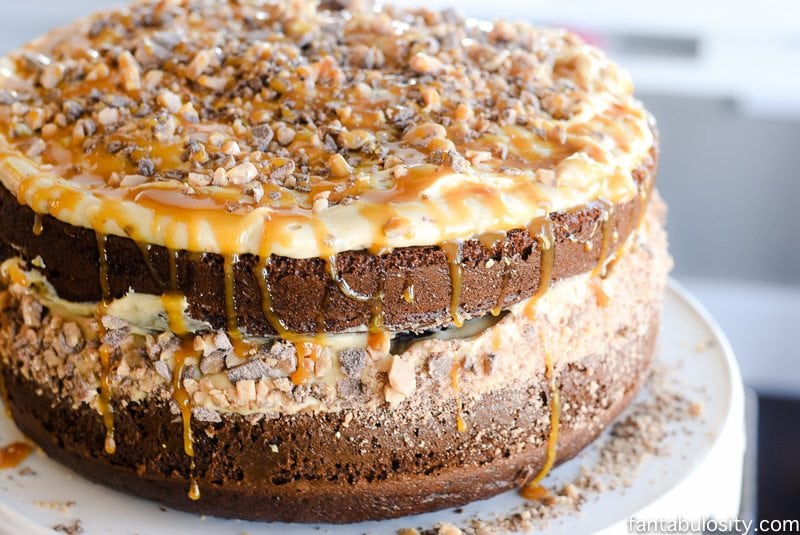 O-M-G!! This sounds crazy-good! Chocolate Peanut Butter Toffee Salted Caramel Cake