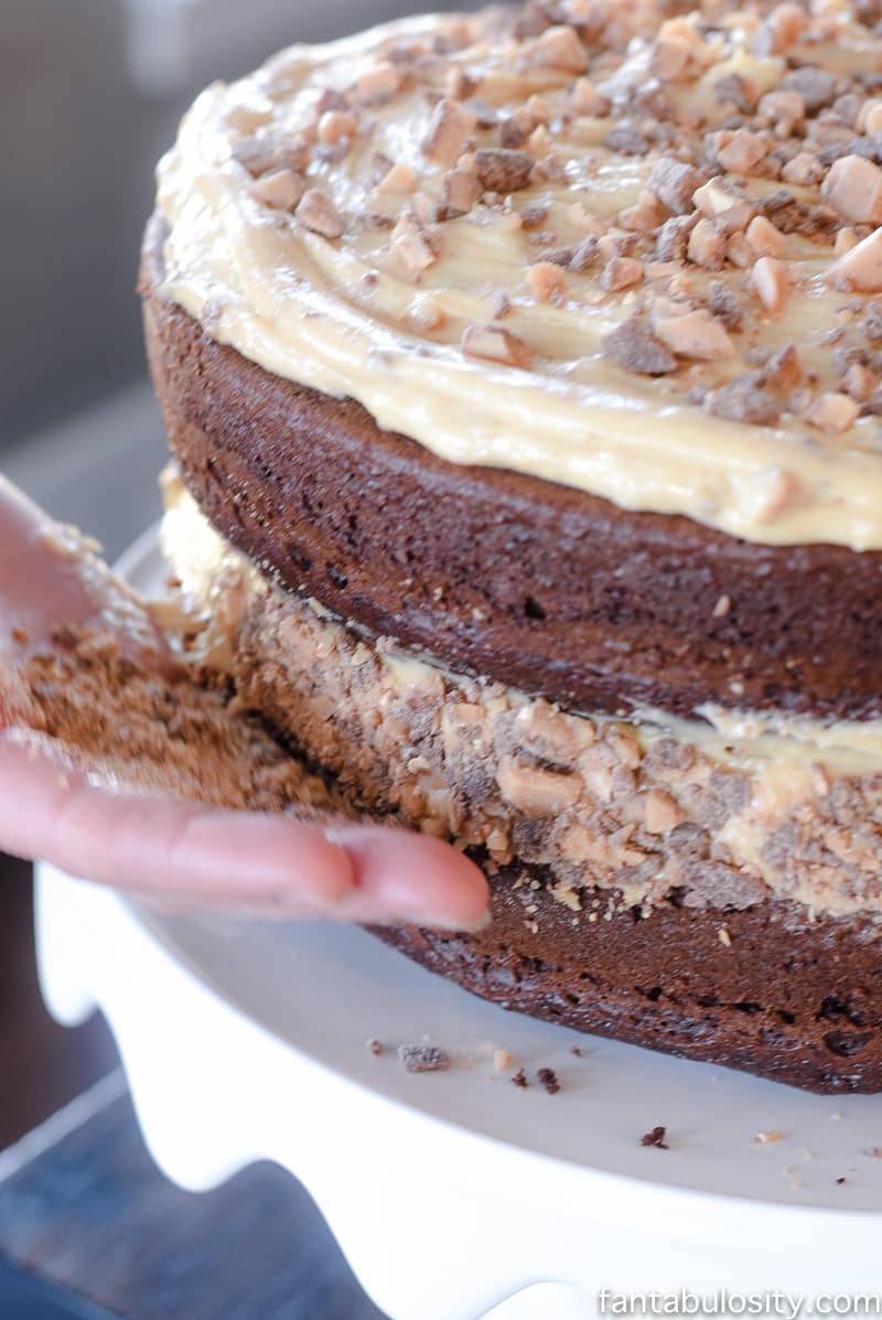 Mmm, the toffee bits added are perfect! Chocolate Peanut Butter Toffee Salted Caramel Cake
