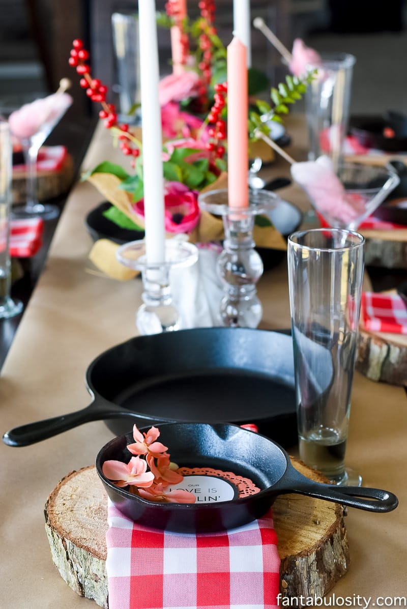 Cast iron place settings! So pretty! Party Theme for Adults- Our Love is Sizzlin' Dinner Party & Dirty Cupid Game