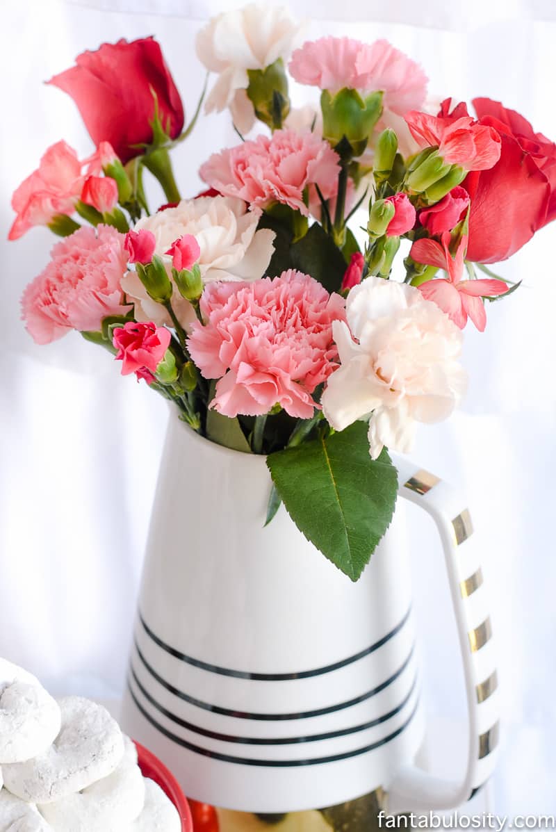 Pinks, corals, white roses for bouquet: Chocolate Fountain Bar Ideas: A Modern, Rustic, Pink Party Display