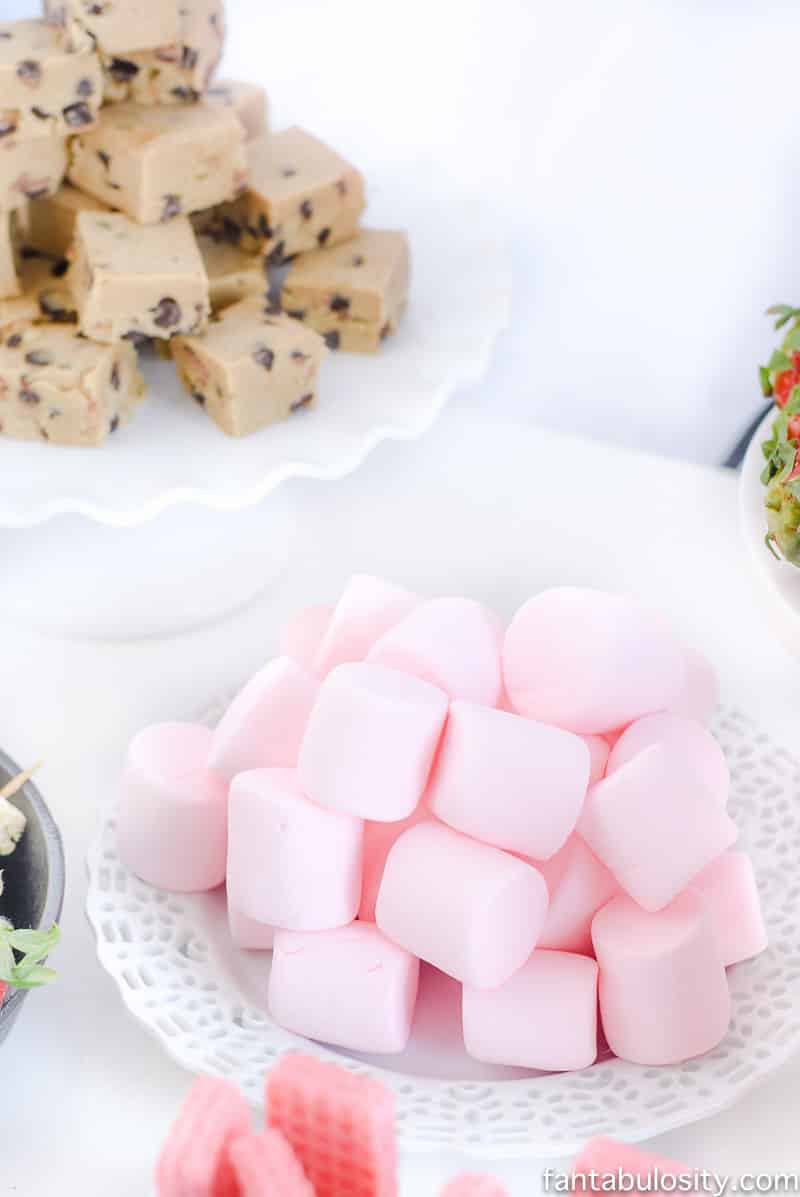 Pink marshmallows for white chocolate fountain: Chocolate Fountain Bar Ideas: A Modern, Rustic, Pink Party Display