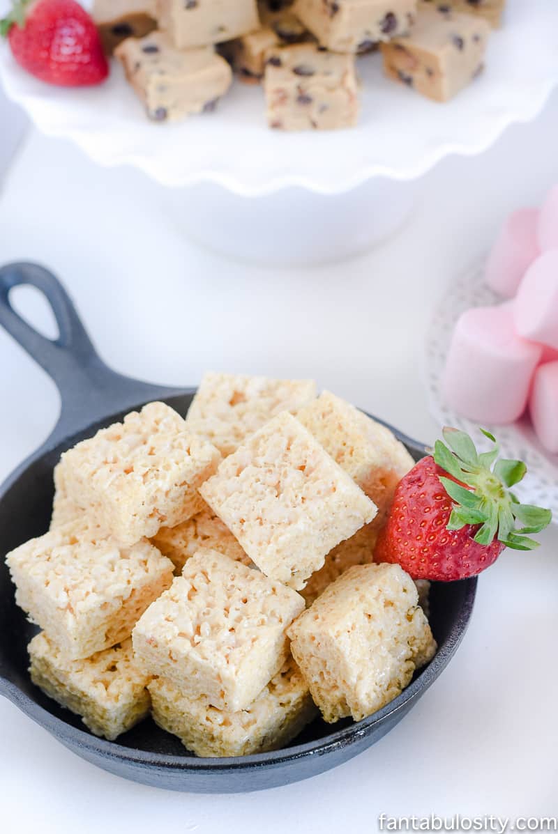 Rice Krispy Treats in mini cast iron skillet for Chocolate Fountain Bar Ideas: A Modern, Rustic, Pink Party Display