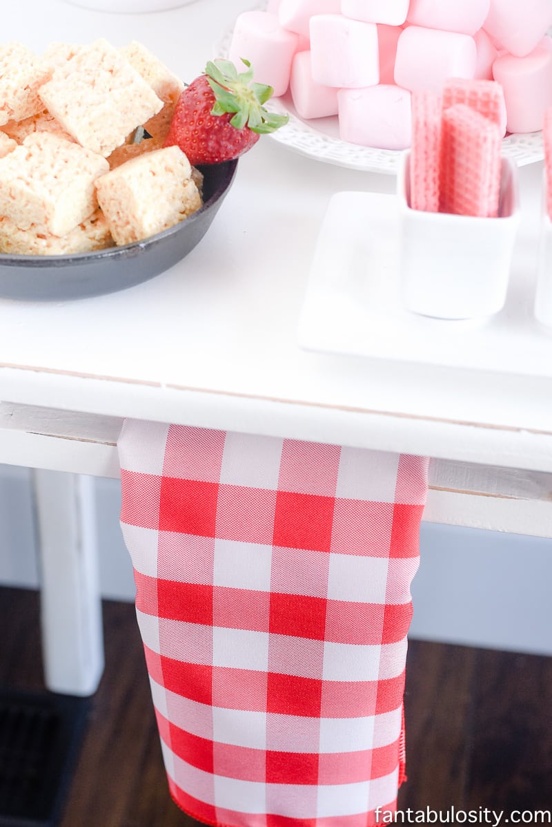 Red white check napkin for party display table: Chocolate Fountain Bar Ideas: A Modern, Rustic, Pink Party Display