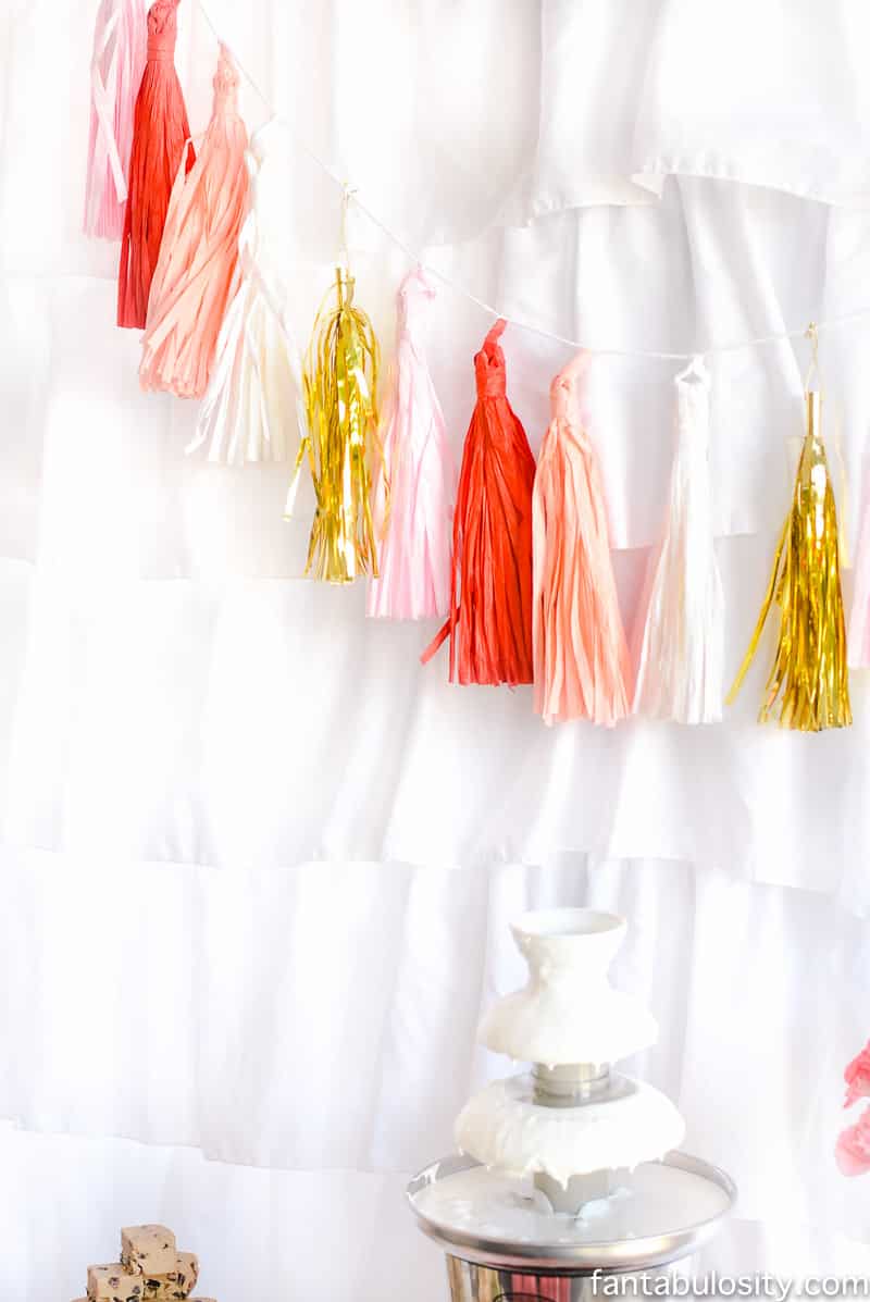 Pink, red, coral, gold, tassel banner for party backdrop: Chocolate Fountain Bar Ideas: A Modern, Rustic, Pink Party Display