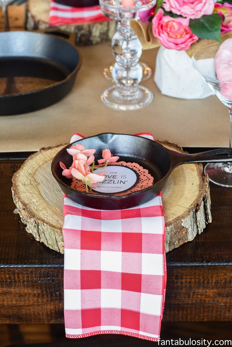 Wood slabs for charge on tablescape! SO cute! Party Theme for Adults- Our Love is Sizzlin' Dinner Party & Dirty Cupid Game