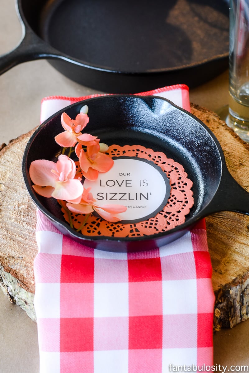 Ahhh!!! Cast Iron Dinner Party! SO stinking cute! Party Theme for Adults- Our Love is Sizzlin' Dinner Party & Dirty Cupid Game