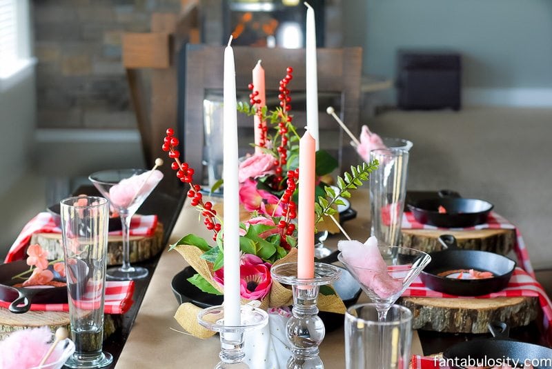 So pretty! Pink, coral, red tablescape! Party Theme for Adults- Our Love is Sizzlin' Dinner Party & Dirty Cupid Game
