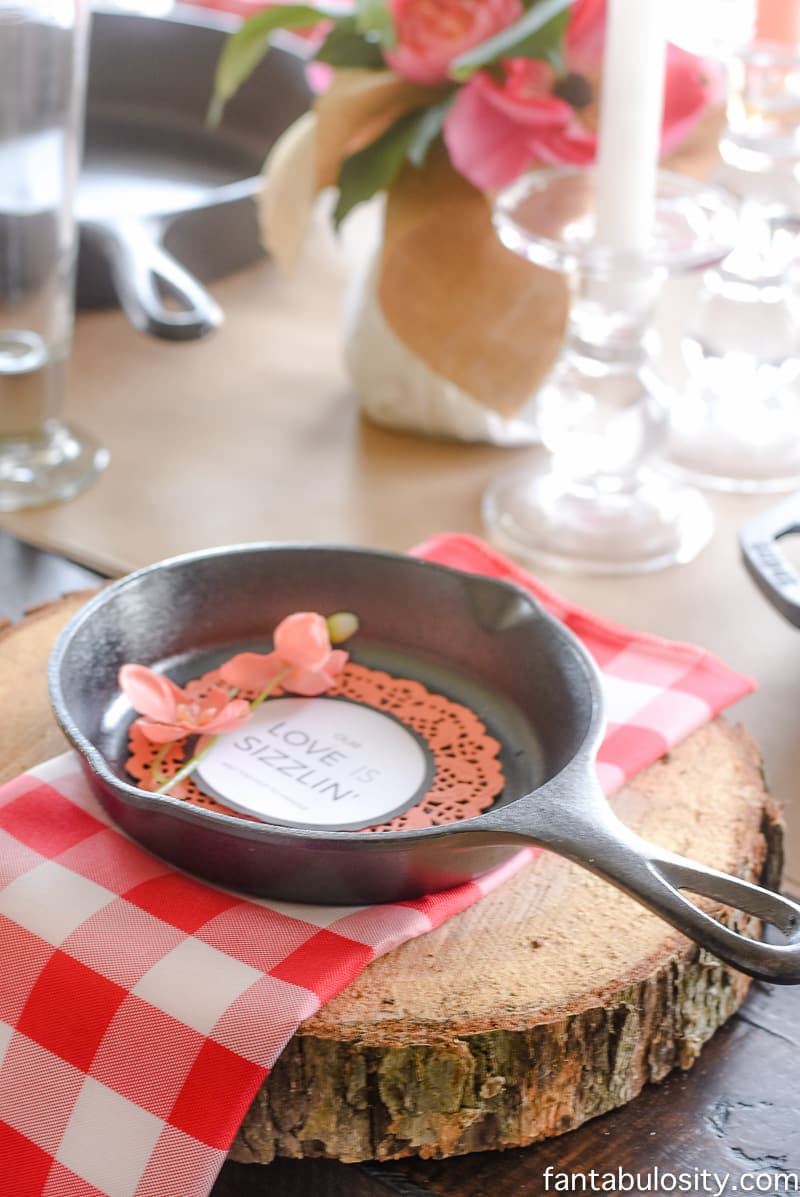 Small cast iron skillets for place settings for this rustic romantic dinner! Party Theme for Adults- Our Love is Sizzlin' Dinner Party & Dirty Cupid Game
