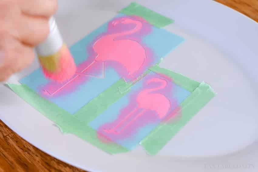 Pink stencils for drink serving tray using Martha Stewart paint