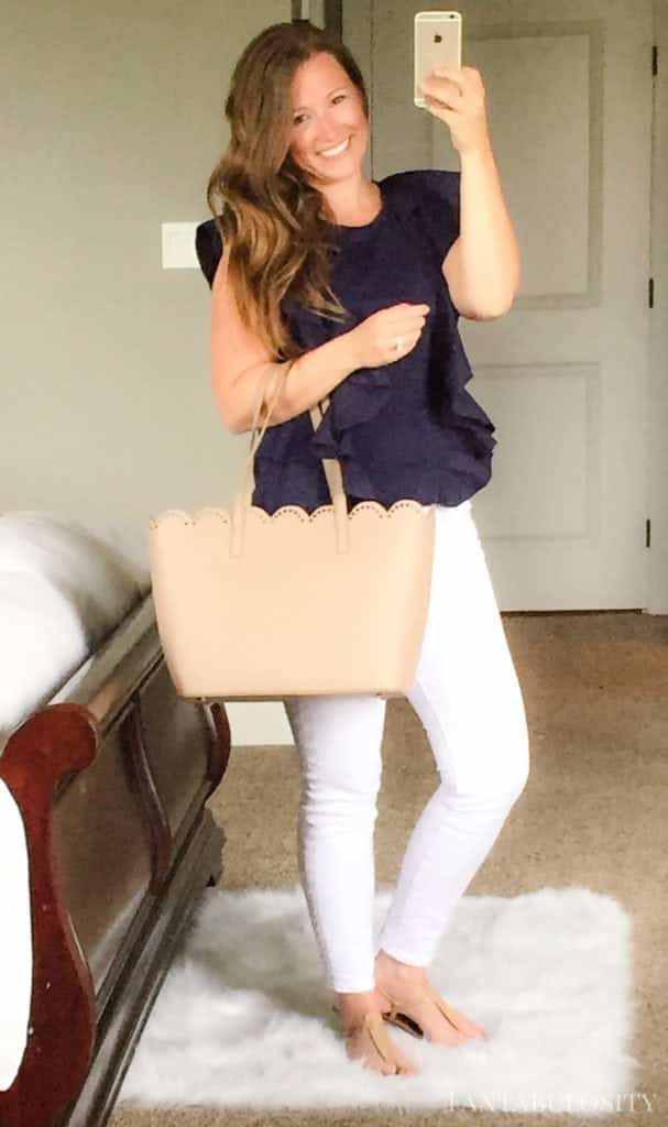 Trunk Club July 2017 Ruffles, scallops navy and beige purse with sam edelman sandals