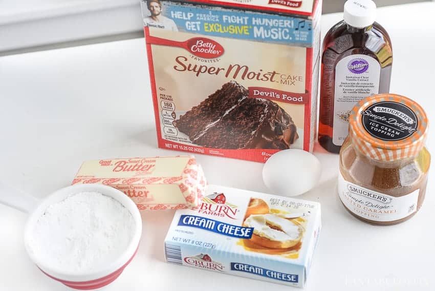 Ingredients for chocolate caramel gooey butter cookies