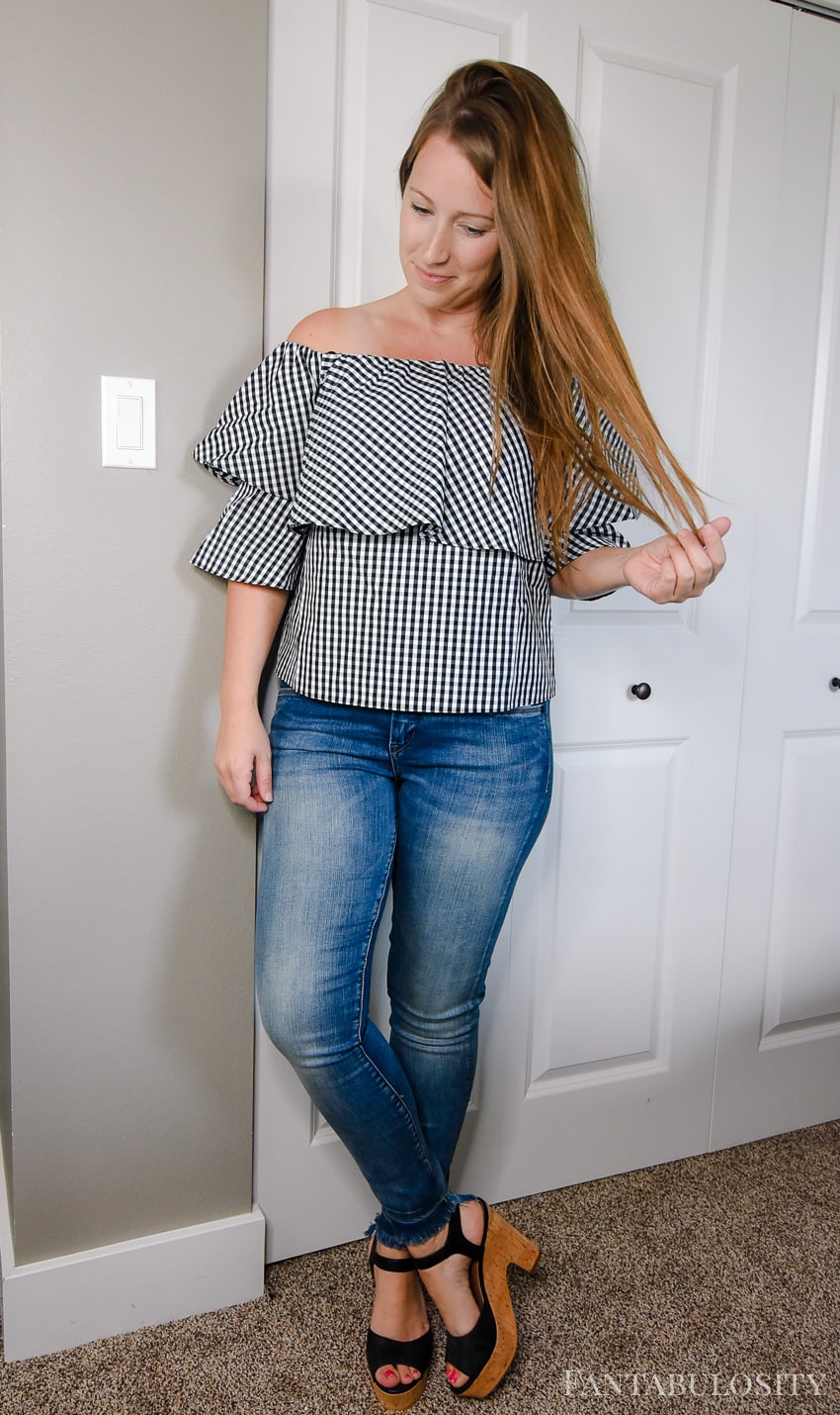 Black and White Gingham Off the Shoulder Top from Nordstrom - Trunk Club August 2022 Try on Video and photos