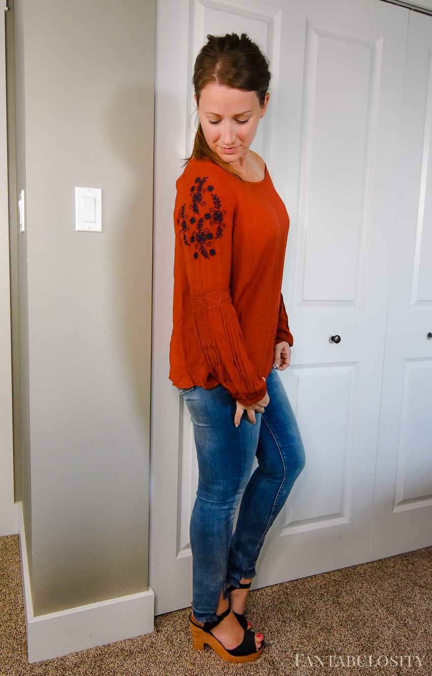 Trunk Club August 2017 Review Try on video and photos - Rust embroidered long sleeve top