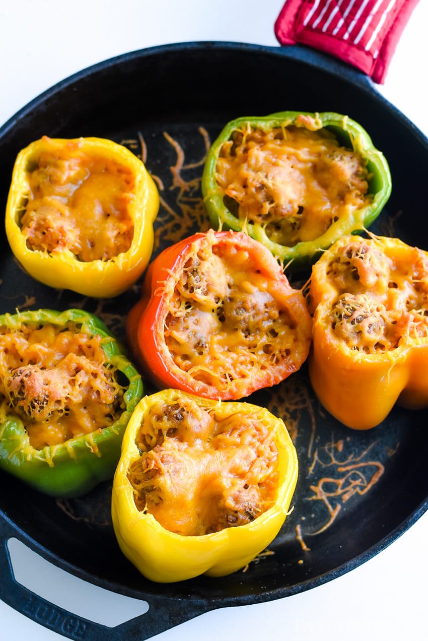 Mmm! Stuffed peppers recipe - using beef meatballs, spanish rice and shredded cheese. This made this super easy and quick to put together.