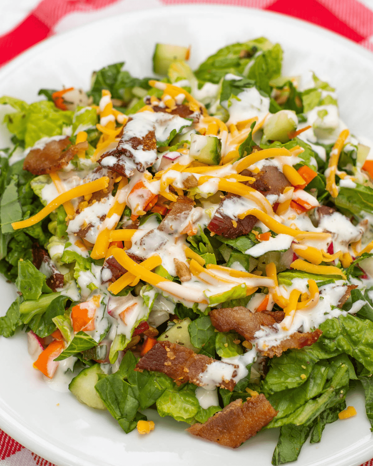 side salad with cheese and dressing on a white plate