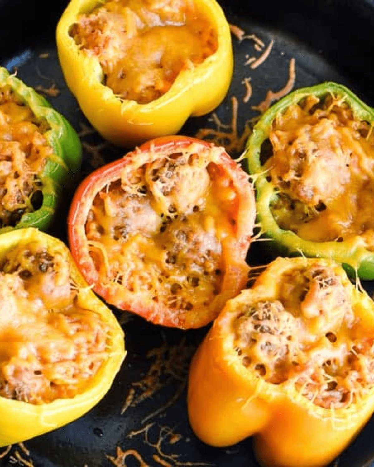 Meatball Stuffed Peppers in a skillet