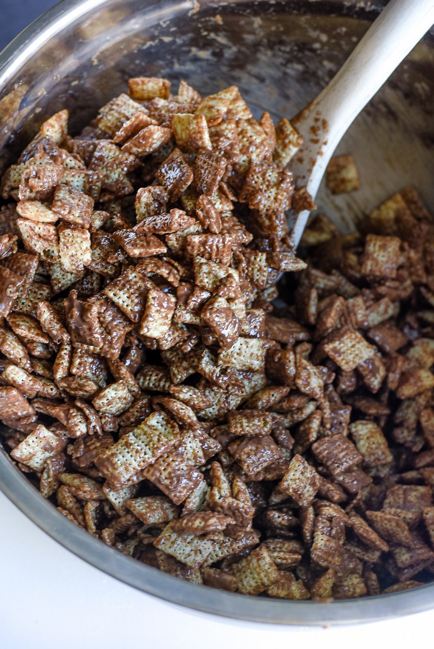 Coat the Chex with chocolate and peanut butter - muddy buddies