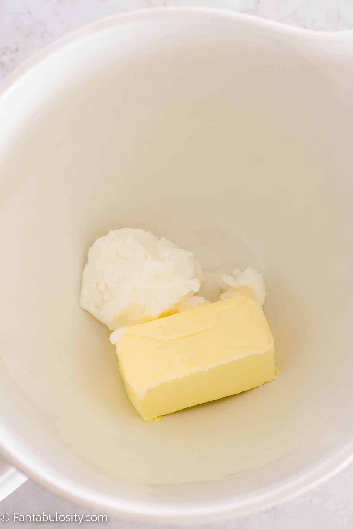butter and crisco in mixing bowl