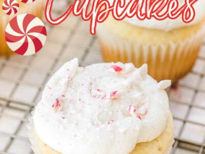Peppermint cupcake on baking rack with text on image