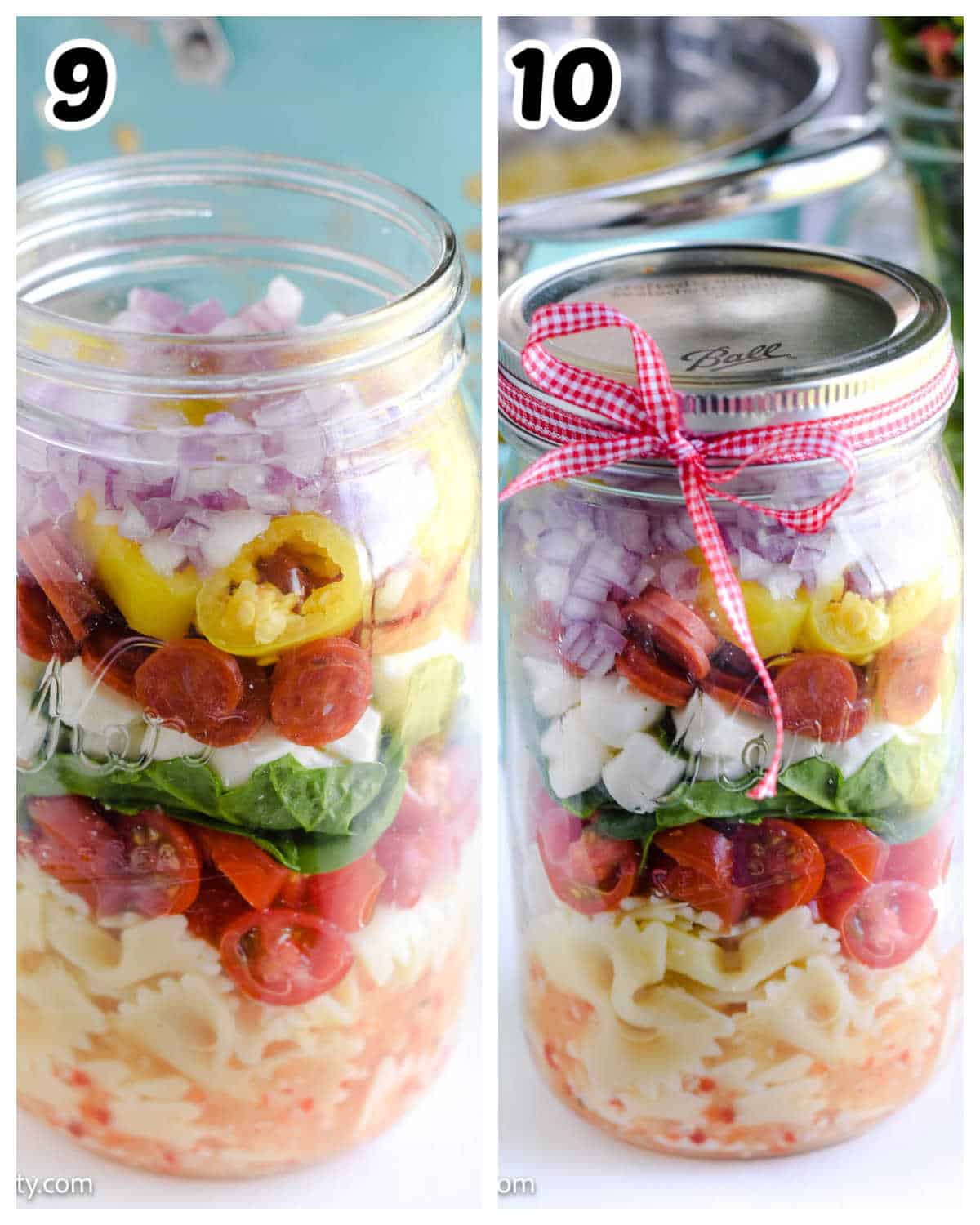 2 image collage of pasta salad in mason jar