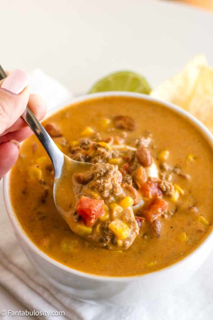 Taco soup with toppings and side dishes
