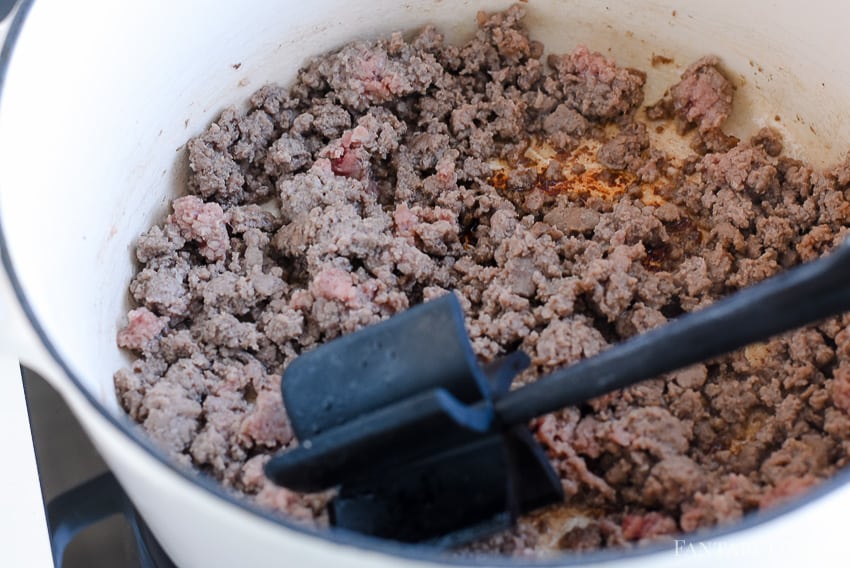 Brown the ground beef for the taco soup, and add in remaining ingredients, simmer and serve! 