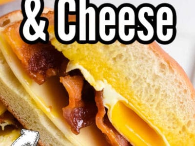 Bacon egg and cheese sandwich with text on image