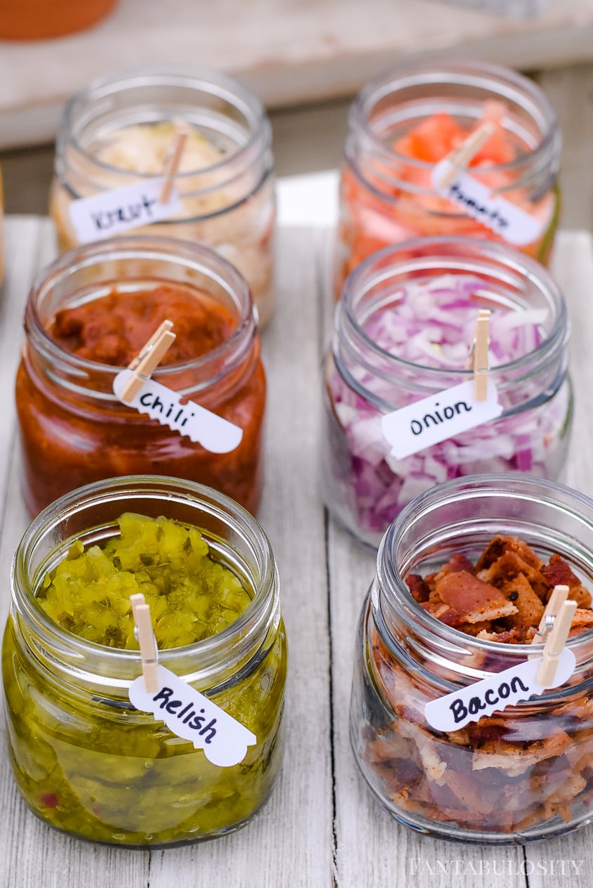 Hot Dog Bar Toppings in small mini glass jars