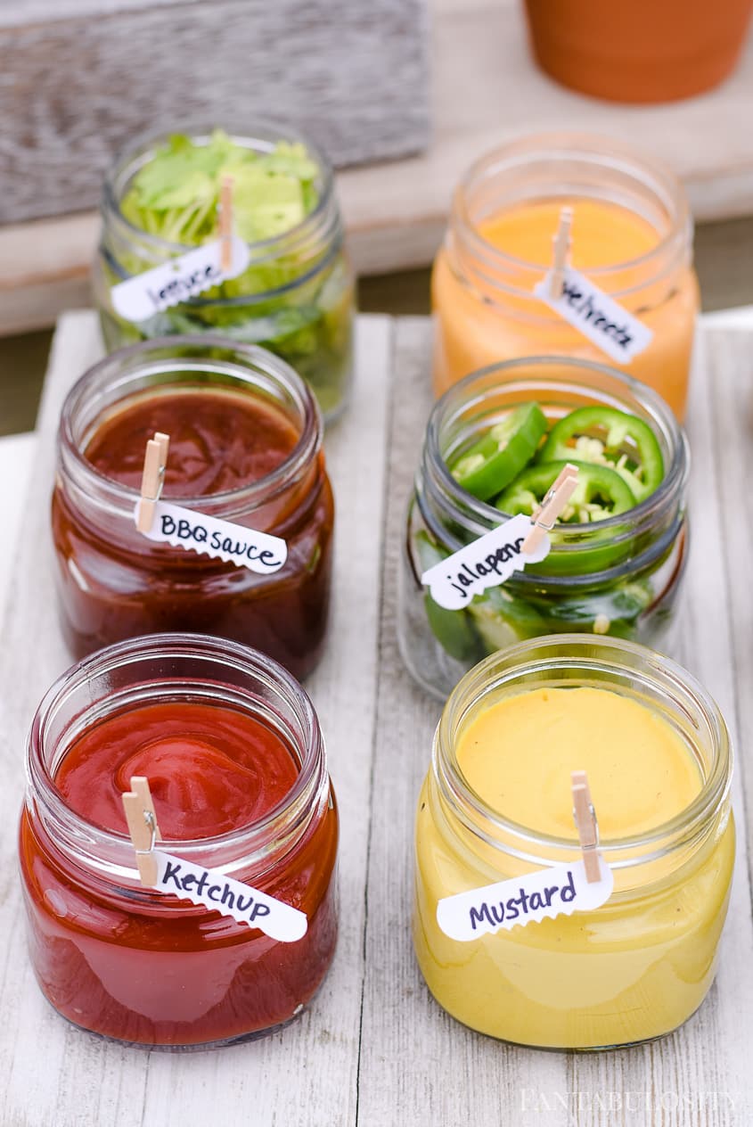 Hot Dog Bar Toppings in mason jars