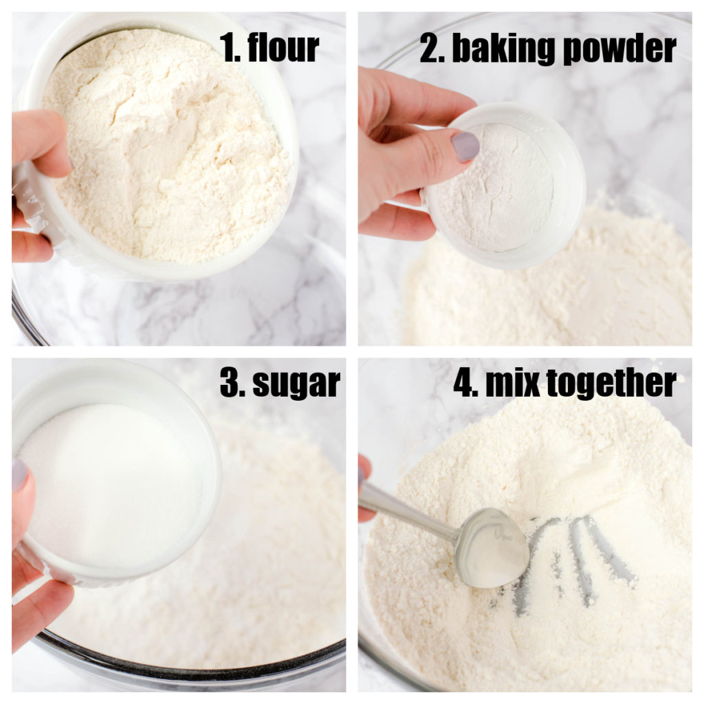 Step by Step mixing dry ingredients: flour, baking powder, sugar