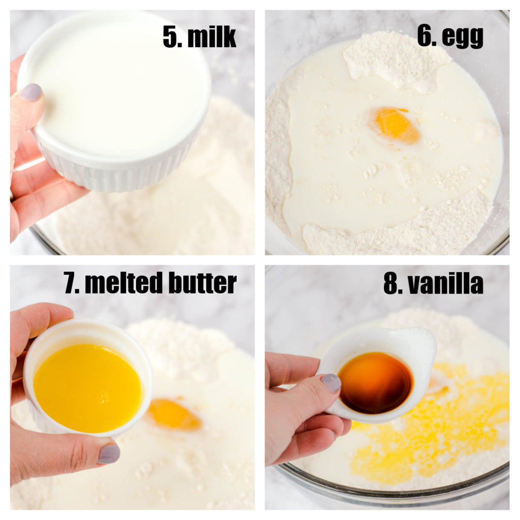 how to make pancakes steps - milk, egg, butter and vanilla