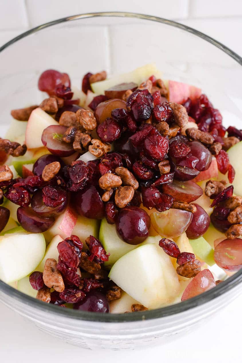 Dried cranberries and candied nuts in an apple salad