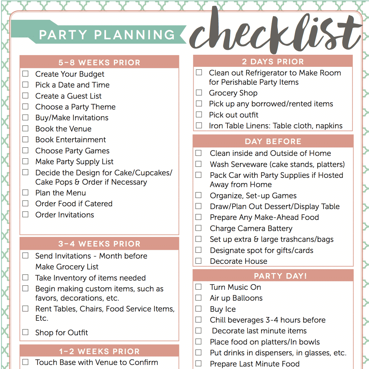 Free Party Planning Checklist