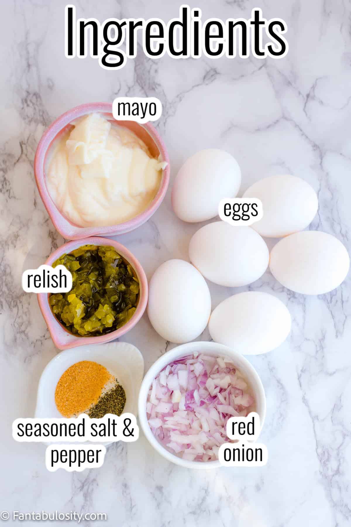 labeled ingredients on counter for egg salad