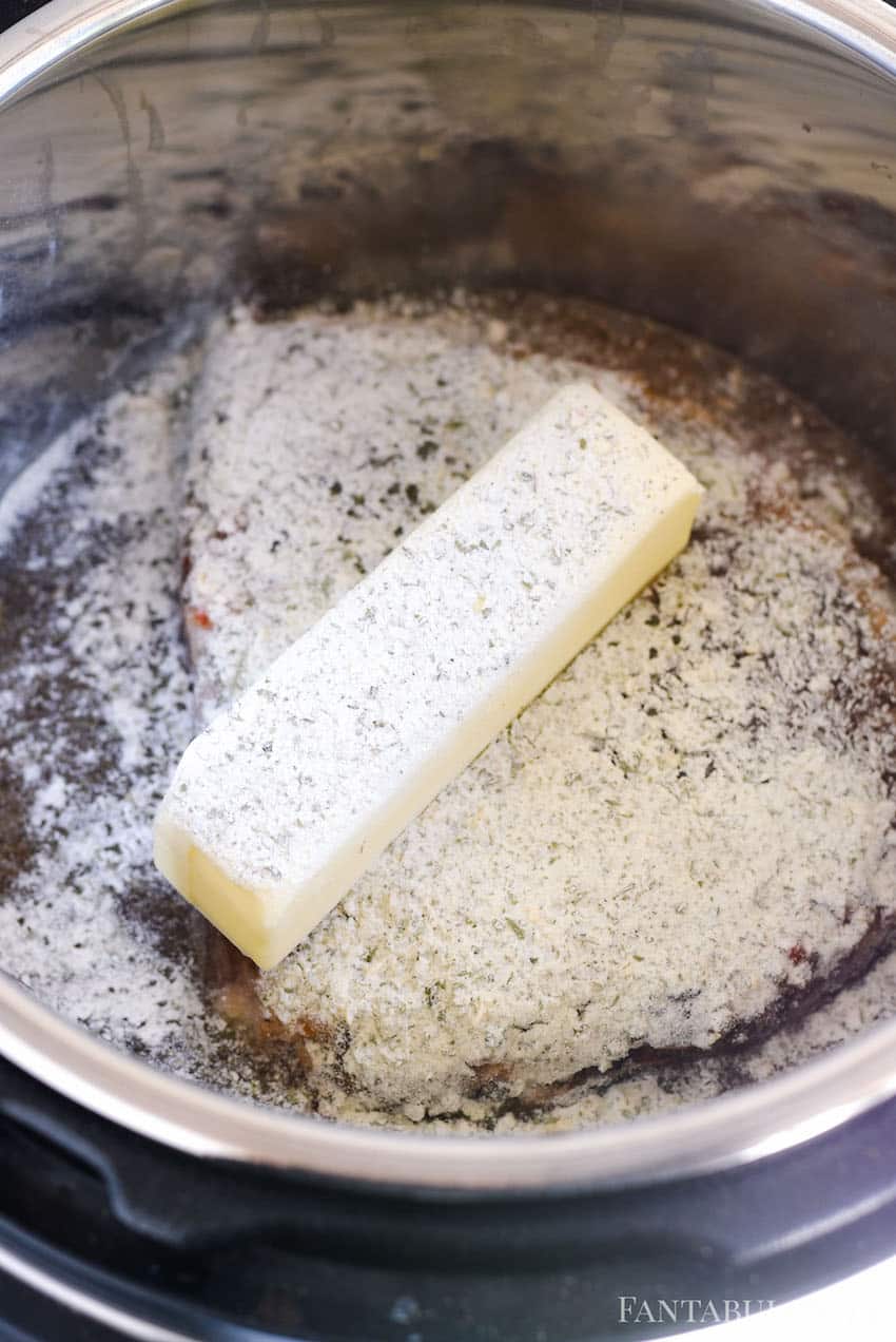 Pot Roast Recipe Butter, italian seasoning, ranch dressing mix, butter, broth