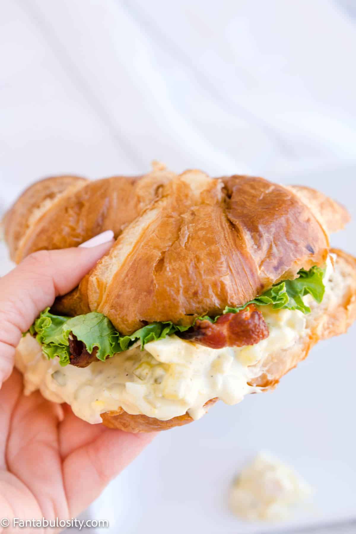 Hand holding egg salad sandwich