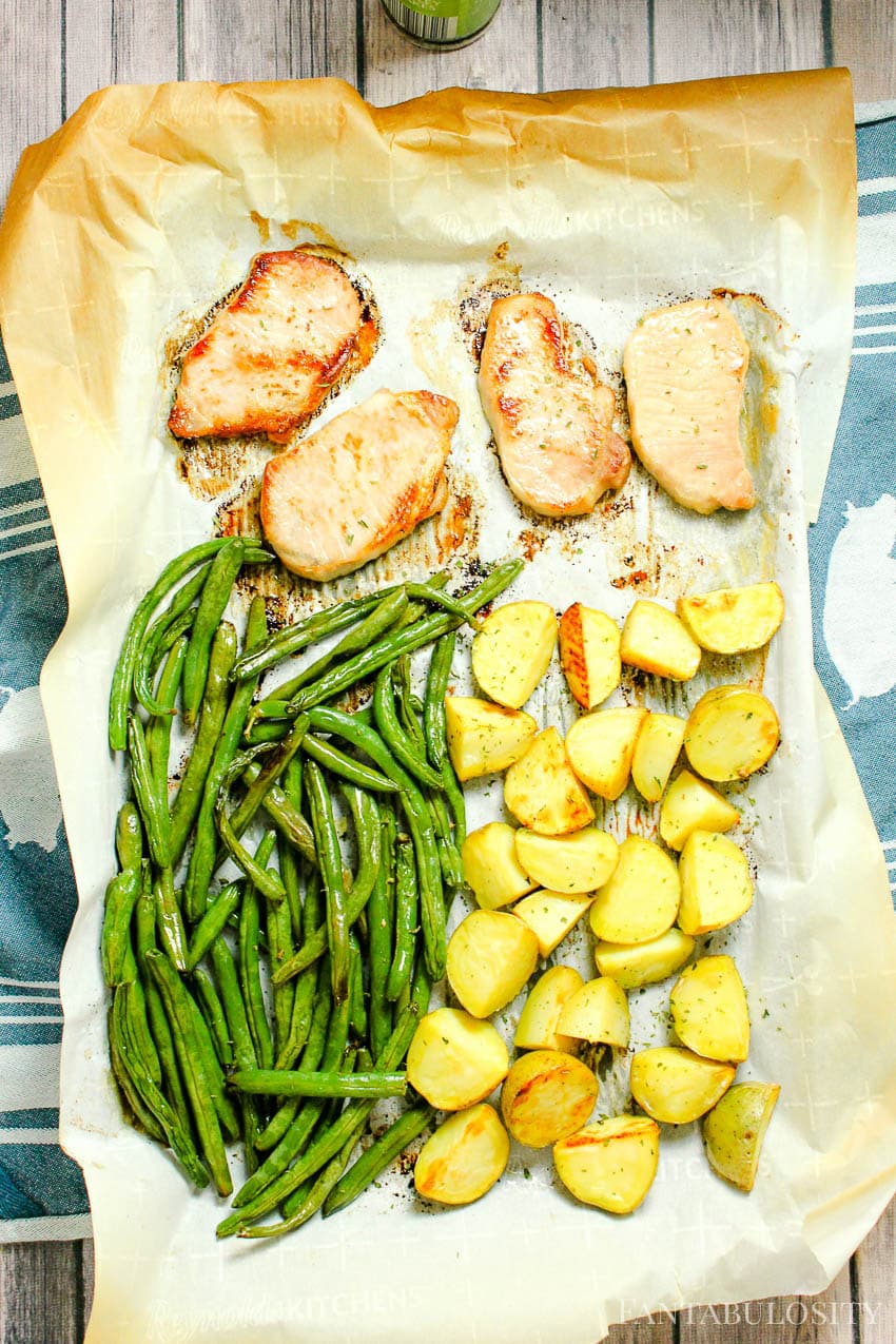 Baked Boneless Pork Chops with green beans and potatoes