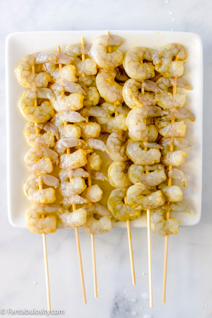 raw shrimp on skewers for kabobs