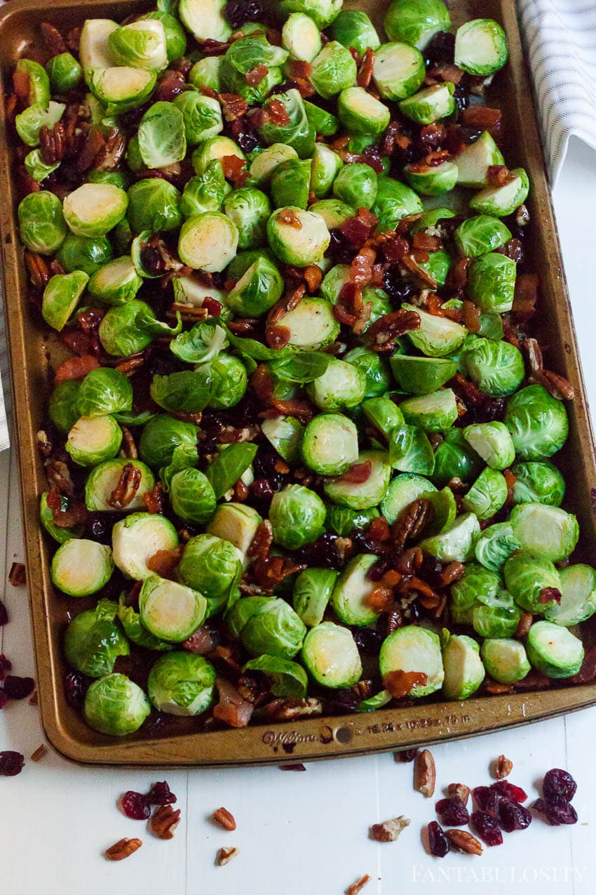 Roasted Brussel Sprouts with cranberries, pecans and bacon with honey glaze