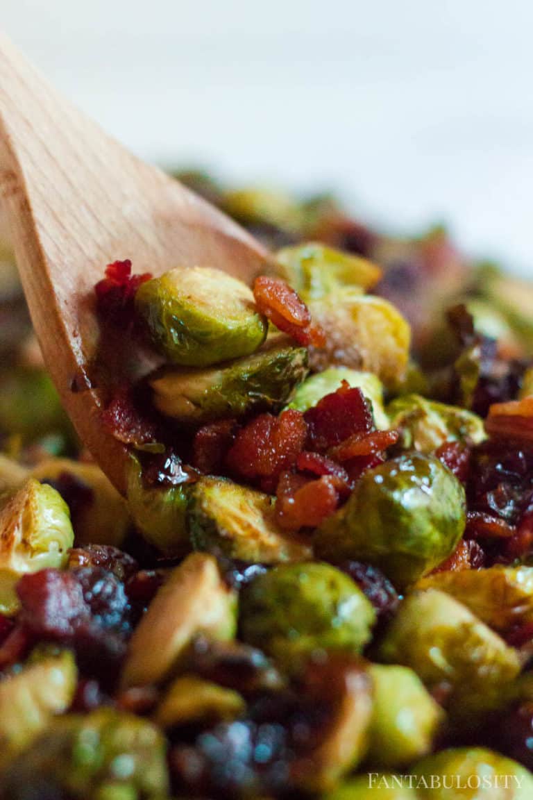 Roasted Brussel Sprouts with Bacon, Cranberries + Sweet Glaze