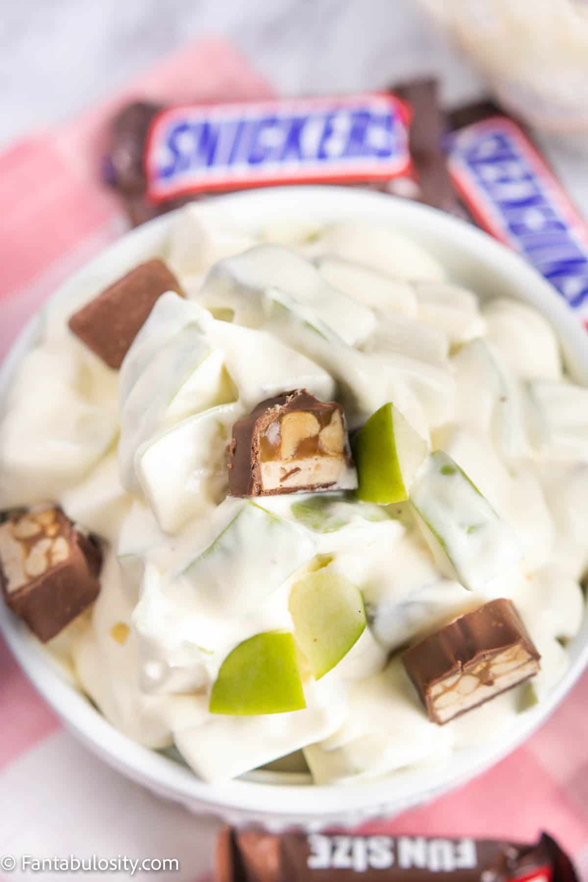 Apple Snicker Salad in white bowl