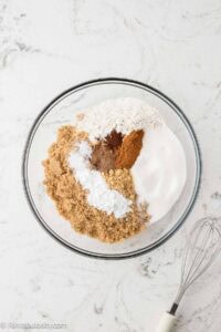 Dry ingredients in clear mixing bowl.